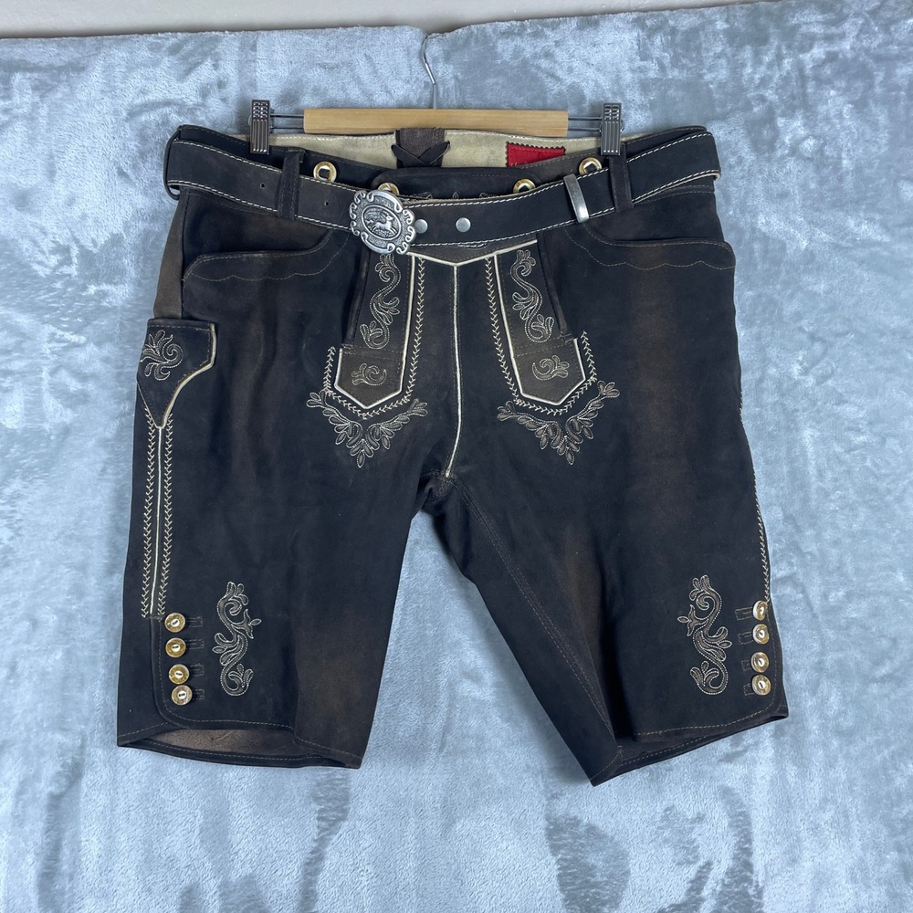Moser Lederhosen Men 52 Brown Leather Bavarian Shorts Embroidery Belt READ